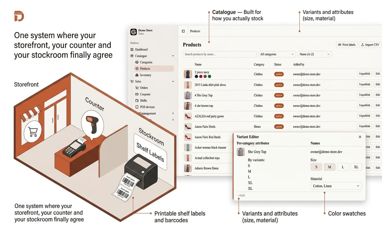 Duka product catalogue with variants and colour swatches